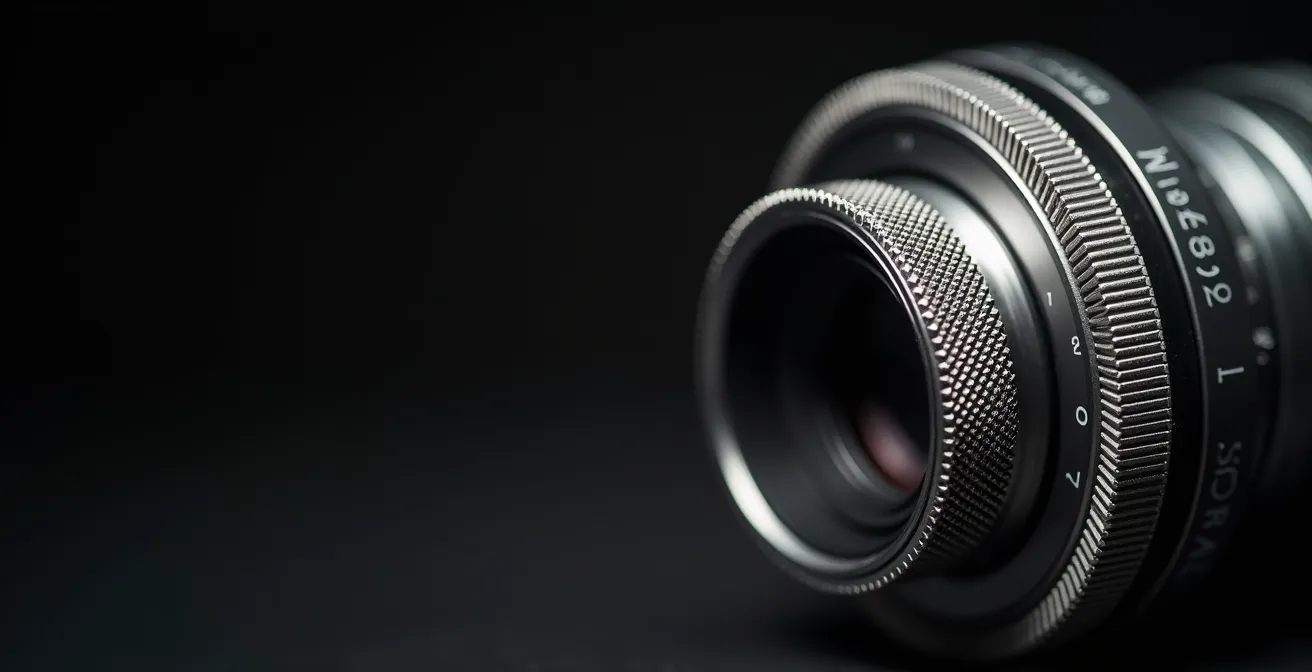 Détail macro d'une bague de mise au point manuelle d'objectif