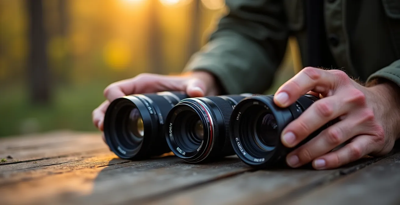 Photographe tenant un reflex avec plusieurs objectifs disposés devant lui