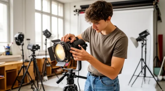Étudiant photographe ajustant un projecteur d'éclairage dans un studio photo professionnel