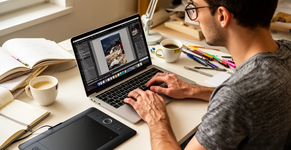 Étudiant photographe travaillant sur un ordinateur avec logiciel de retouche visible