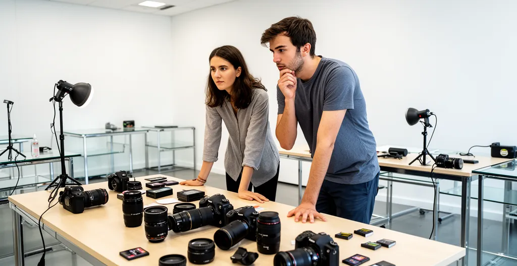 Deux étudiants photographes observant attentivement une démonstration dans un studio photo moderne