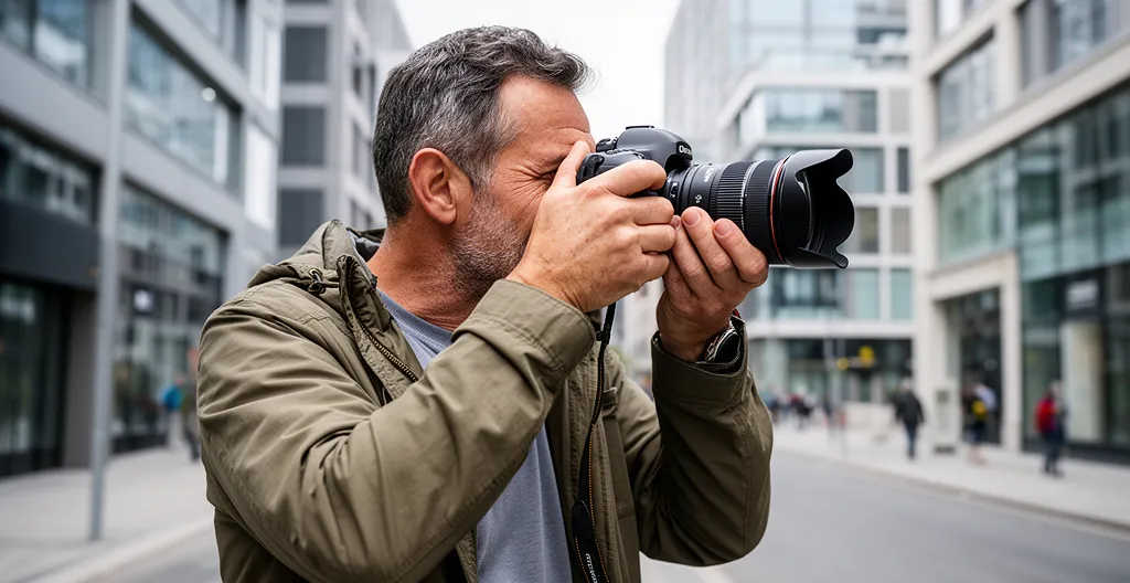 Photographe professionnel cadrant une scène avec son appareil reflex dans un environnement urbain