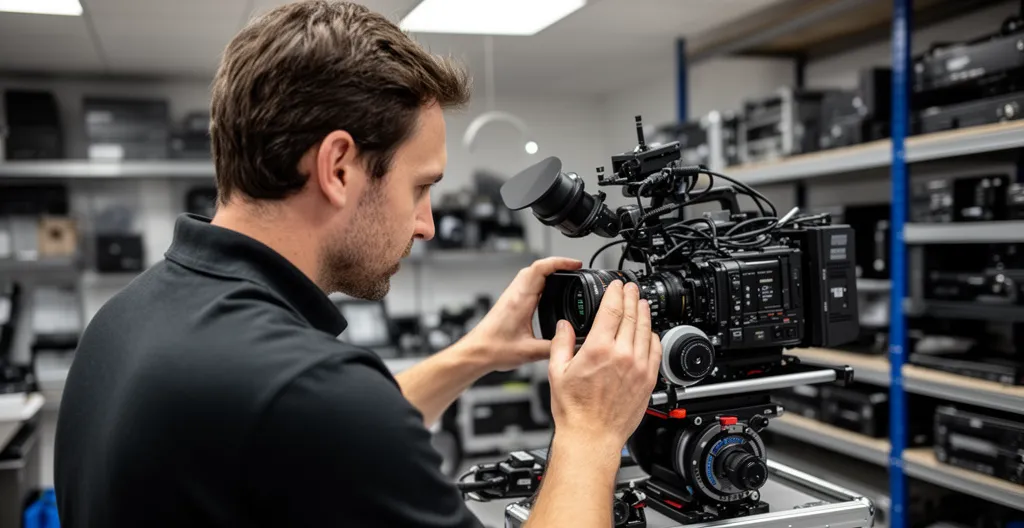 Technicien audiovisuel vérifiant matériel de tournage professionnel dans atelier équipé